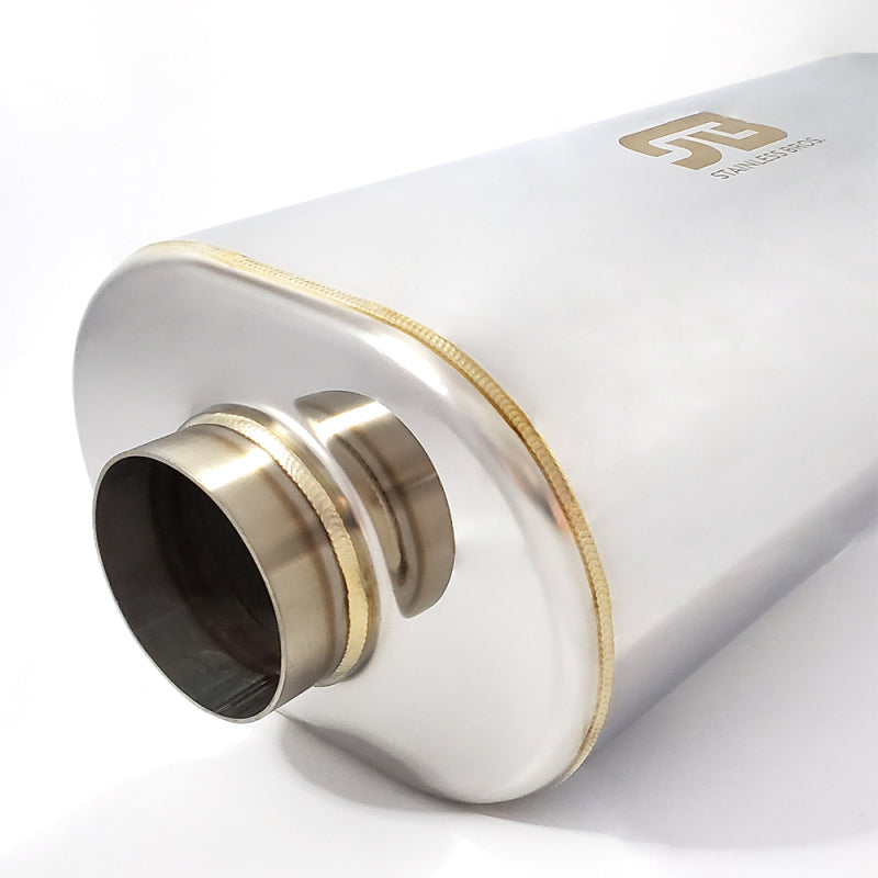 Stainless Bros 17in OAL 2.5in Oval SS304 Matte Finish Muffler - 2.5in Center In/Center Out